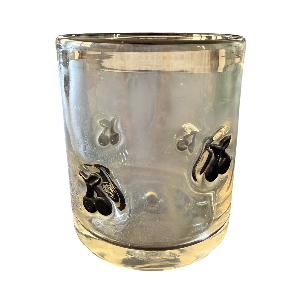 Anthropologie Handblown Clear Glass Rocks Tumbler Black Cherry Cherries Rare